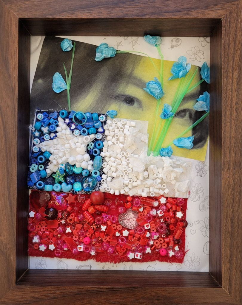 Paper flowers, with white, red, blue beads overlaying a photograph of artist Mia Hurtado Zamora's eyes.