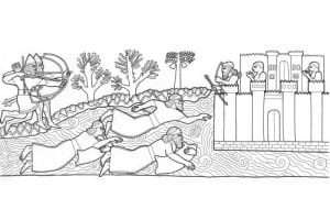 Line illustration of men swimming towards a Mesopotamian fort.