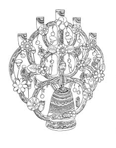 Black and white illustration of a decorative candelabra.