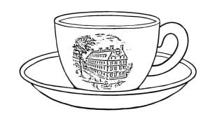 Black and white illustration of a cup with a building on it.