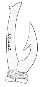 Black and white illustration of a fish hook.