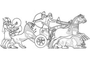 Black and white line illustration of men attacking lions.