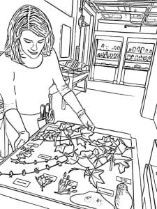 Black and white illustration of staff member, Jenny, moving glass flowers.