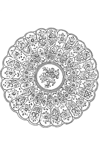 Black and white illustration of a highly decorated plate.