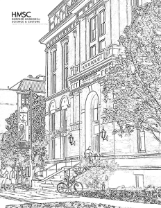 Black and white illustration of the entrance of the Peabody Museum.