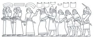 Black and white illustration of a scene from Mesopotamia where prisoners are led before the king.