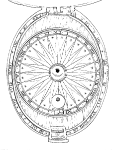 black and white illustration of a sun dial.