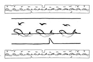 Black and white line illustration of whales swimming.