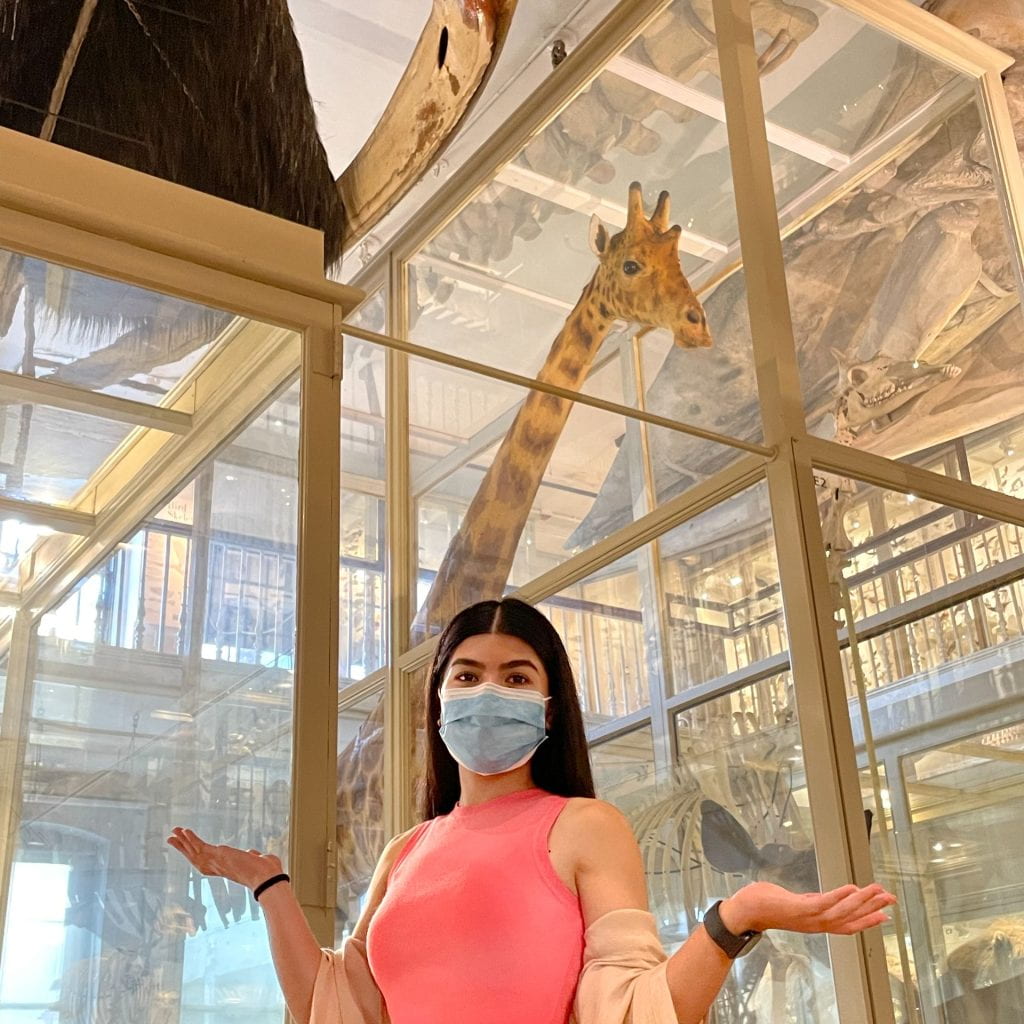 Teen, Glendy Danissa Cortez Leiva, standing in front of her chosen museum animal, the giraffe.