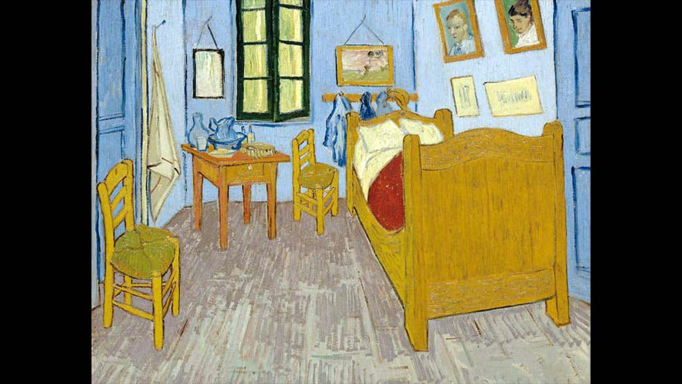 Bright and colorful painting of a bedroom by Vincent Van Gogh.