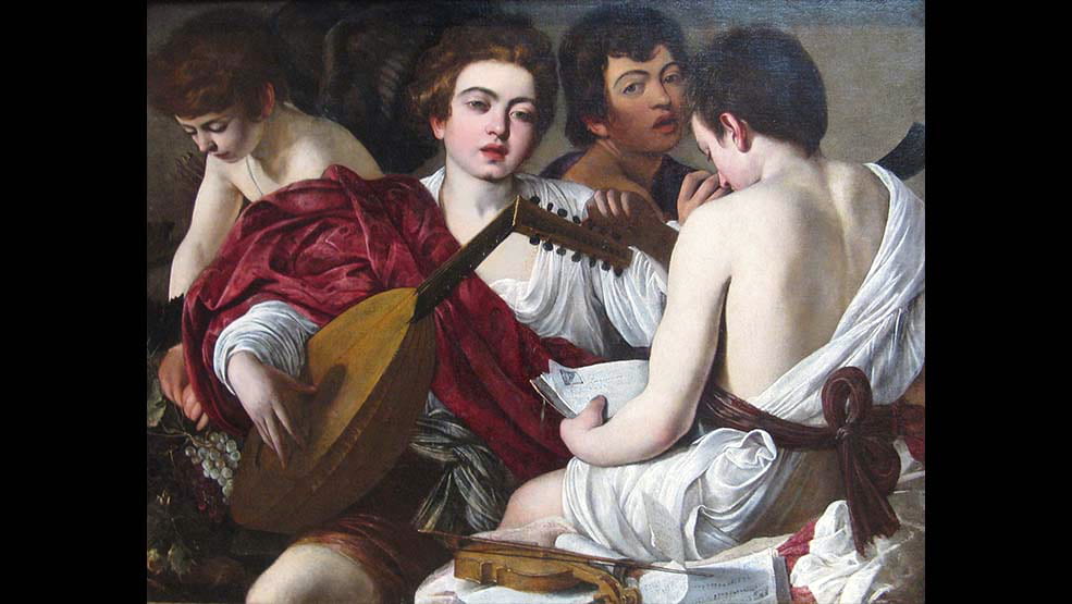 A painting of four young boys playing music by Caravaggio.
