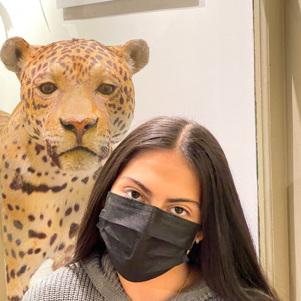 Teen, Wendy Acosta, standing in front of a museum specimen, the jaguar.