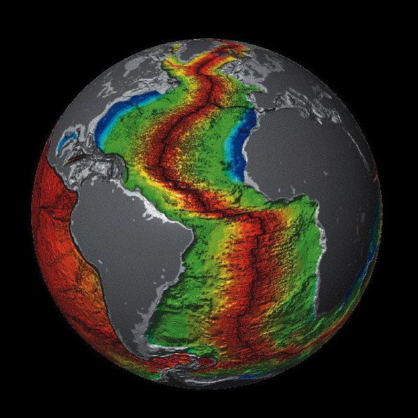 A topological rendering of the Earth, featuring undersea fault lines.