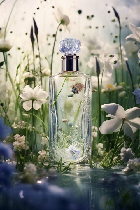 An AI-generated image of a perfume bottle surrounded by flowers and a moth.