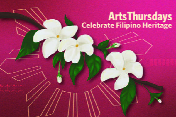 A design with flowers and the text 'ArtsThursdays: Celebrate Filipino Heritage'.